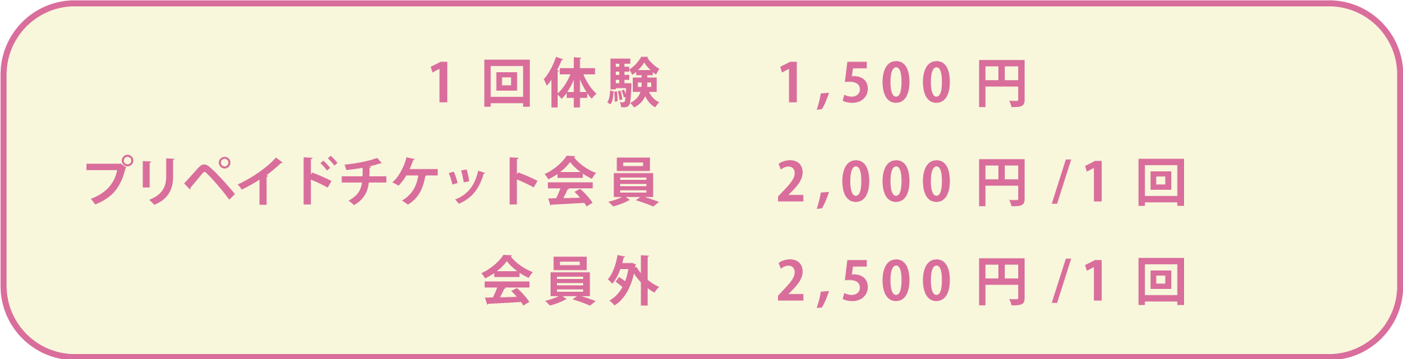 1回体験1,500円 プリペイドチケット会員1回2,000円 会員外1回2,500円